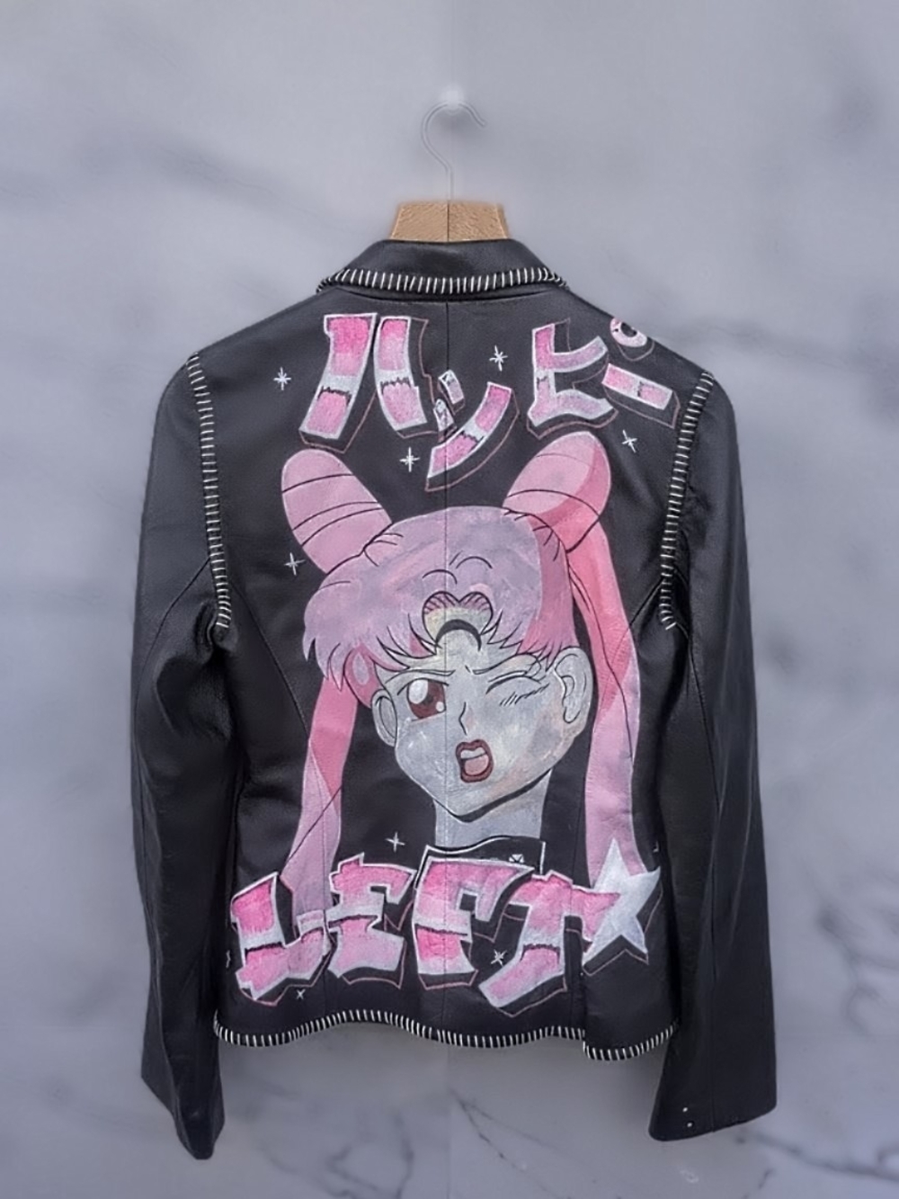 Fred Segal Womens Black Leather Jacket with Pink Sailor Moon Graphic